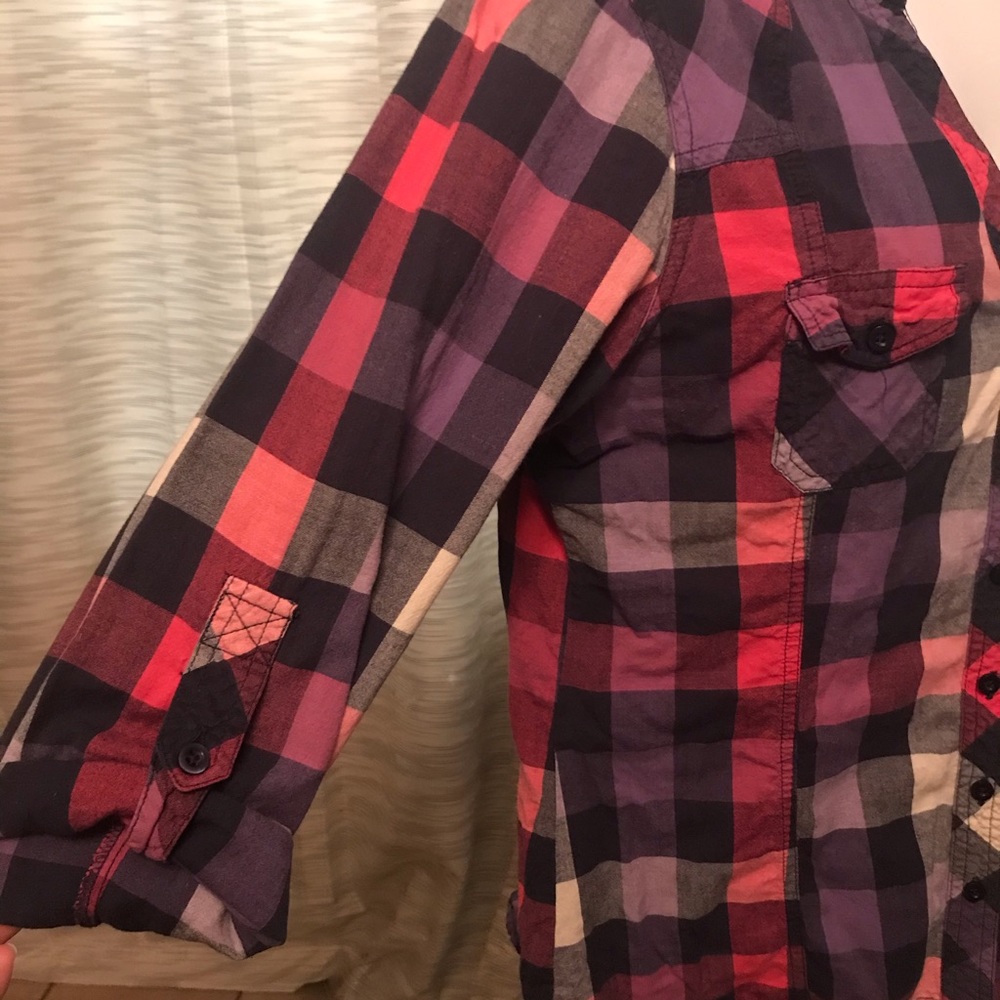 Button up shirt- pink, purple, navy, gray squares - Picture 3 of 9